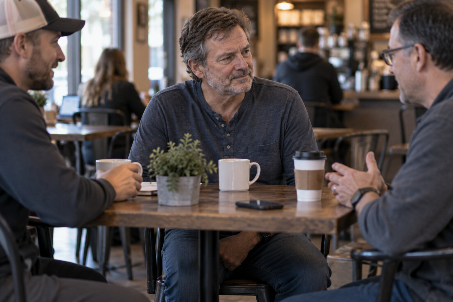 Man talking with friends at a coffee shop while subtly concealing one hand beneath the table.