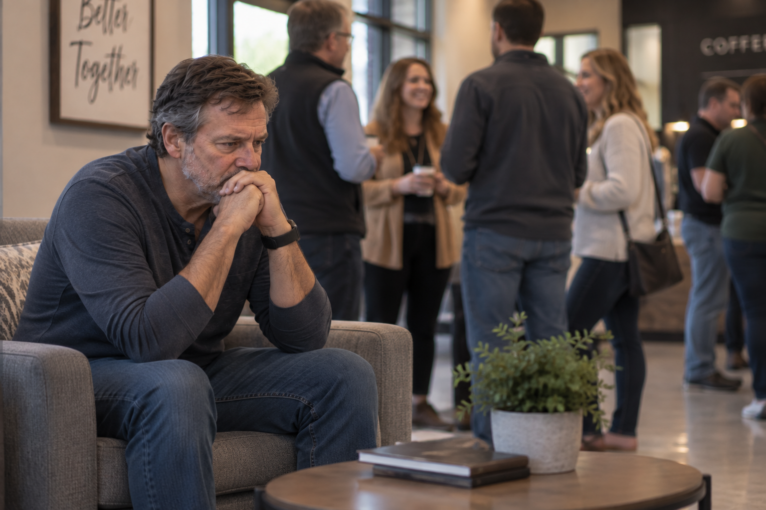 Man sitting apart at a social gathering while other people converse nearby, illustrating feelings of anxiety and isolation.