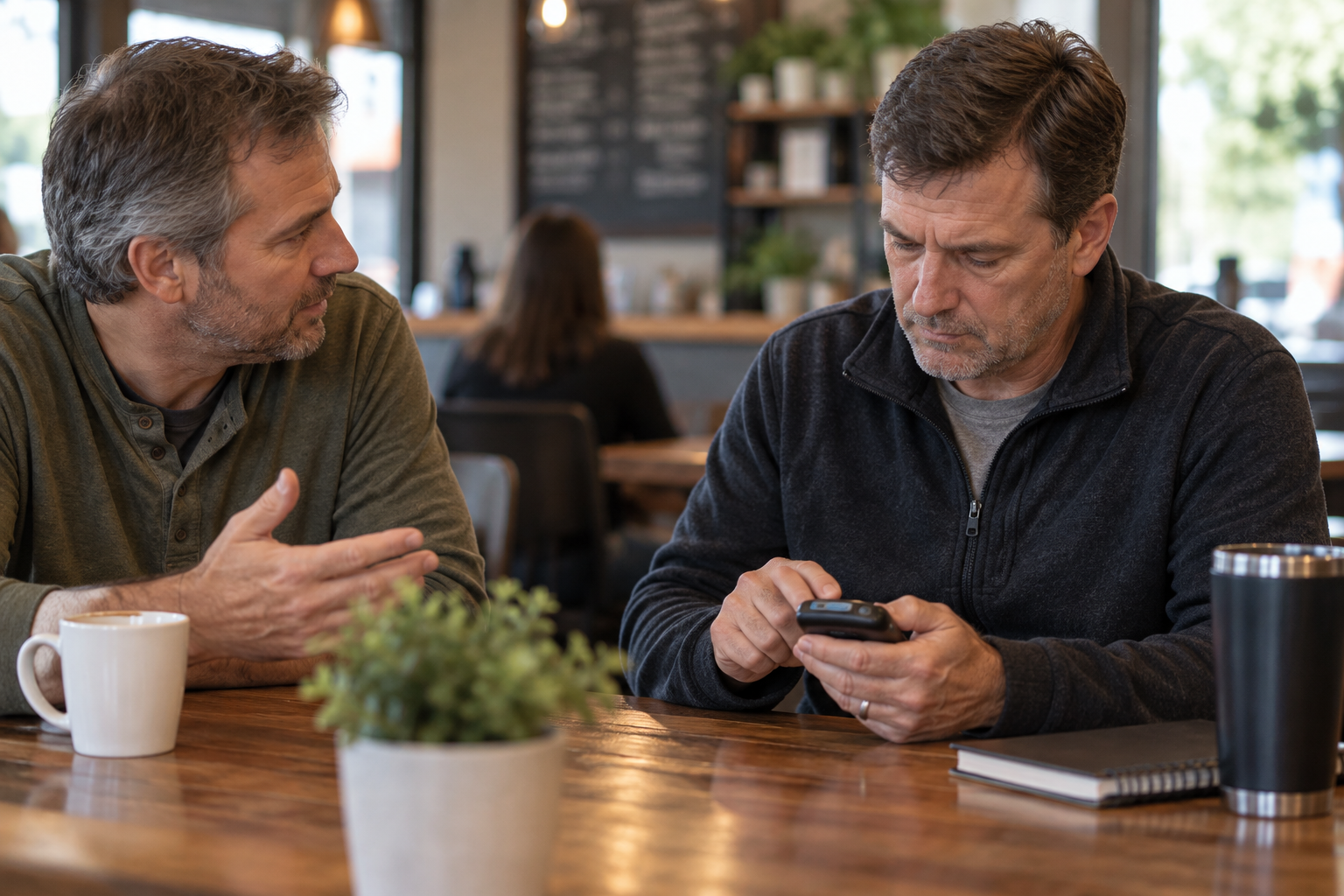 Man using a handheld device while another man talks with him at a coffee shop.