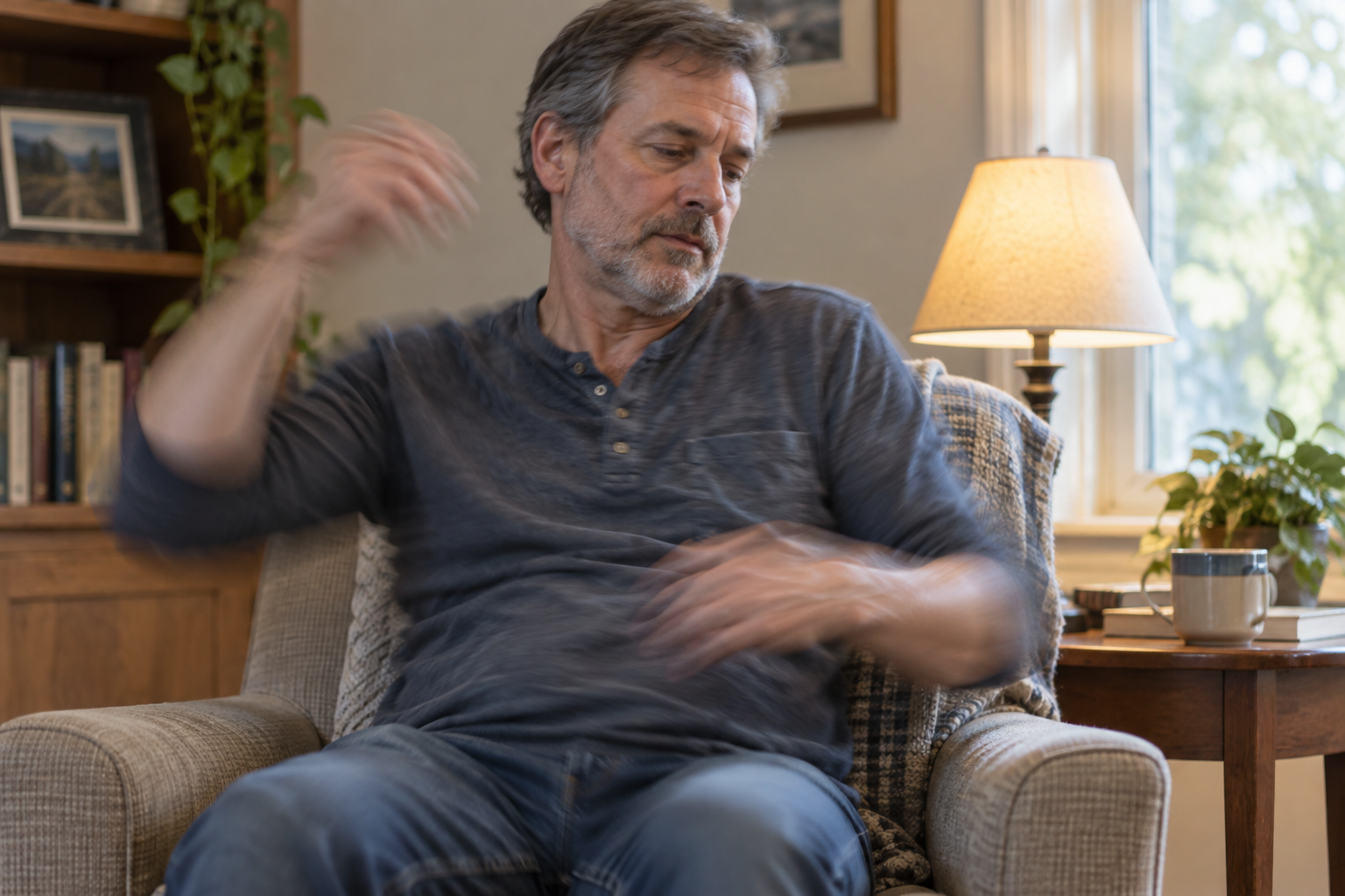 Man seated at home experiencing involuntary movements in his arms and upper body.